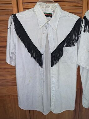 Tango Men's seersucker SQUAREDANCE Casual Button-Down Shirt with Black Fringe